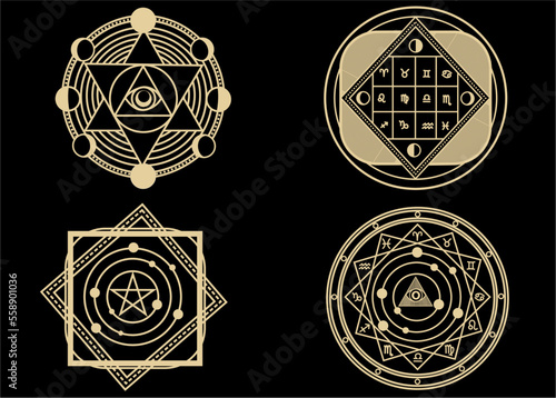 Golden mystic circle symbols. Vector illustration of set