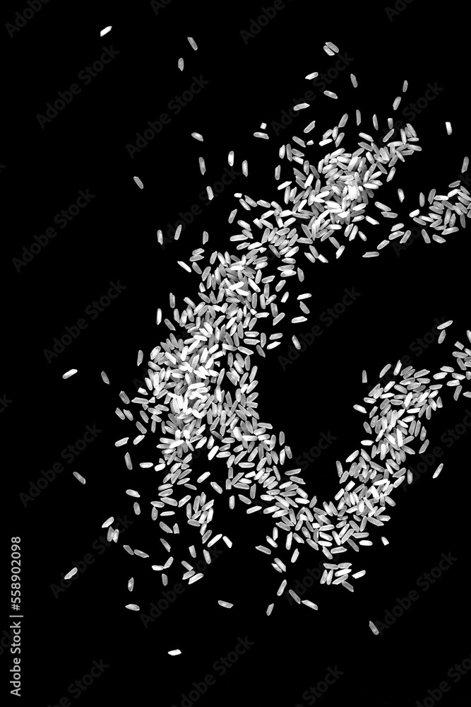 Rice spilled on a black background. Raw white rice explosion isolated on white background. Rice spilled on a black background. Raw white rice explosion isolated on white background.