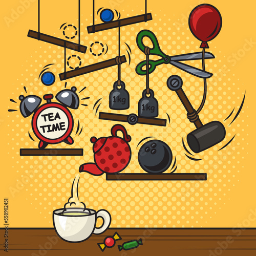 Rube Goldberg chain reaction machine pinup pop art retro vector illustration. Comic book style imitation.