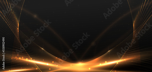 Tableau sur toile Abstract elegant wavy gold lines on black background with gold lighting effect sparkle