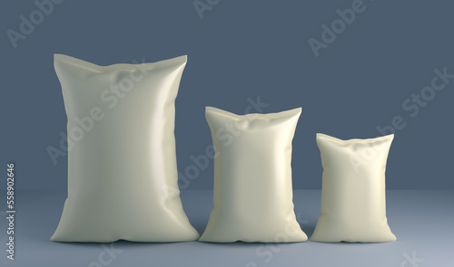 Three chips pack sizes mockup stand, 3d rendering. Empty sealed plastic packaging for nachos mock up, isolated, popcorn packet template. front view. photo
