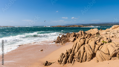 Panorama view of La Tonnara beach (Plage de la Tonnara) near Bonifacio, Corsica, France