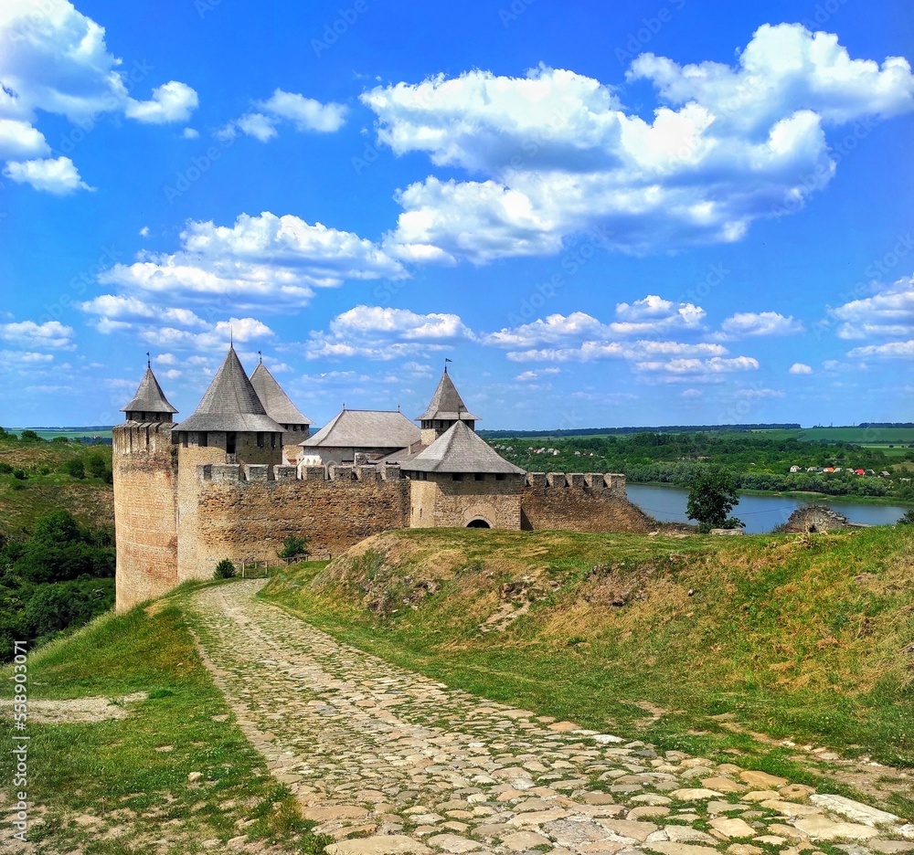 Panoramic landscape of the ancient medieval Khotyn castle, located on the banks of the Dniester river. Khotin. One of the seven wonders of Ukraine. Chernivtsi region Ukraine
