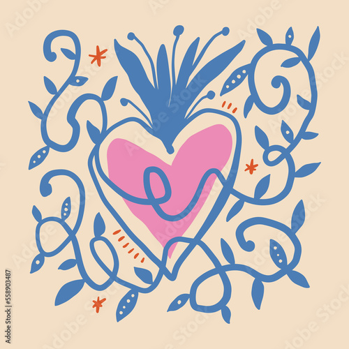 Sacred heart mystical illustration. Trendy vintage love symbol, ornate floral style element. Spirituality, alchemy, magic, Valentines day