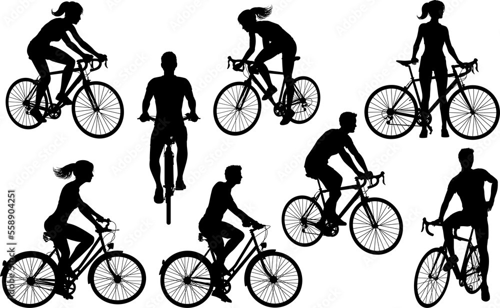 Obraz premium Bicycle Riding Bike Cyclists Silhouettes Set