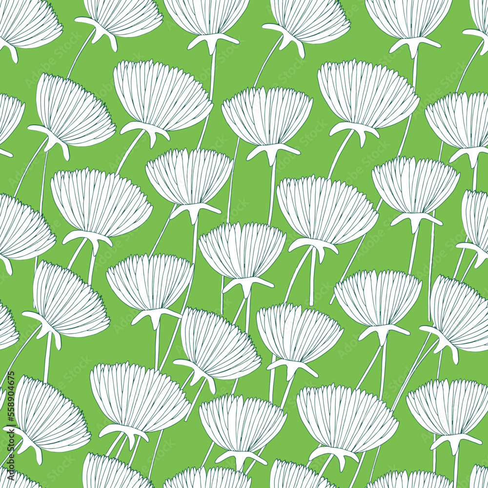 Obraz premium Dandelion flower seamless pattern drawn with lines on light green background, isolated from background, all colors easily changeable.
