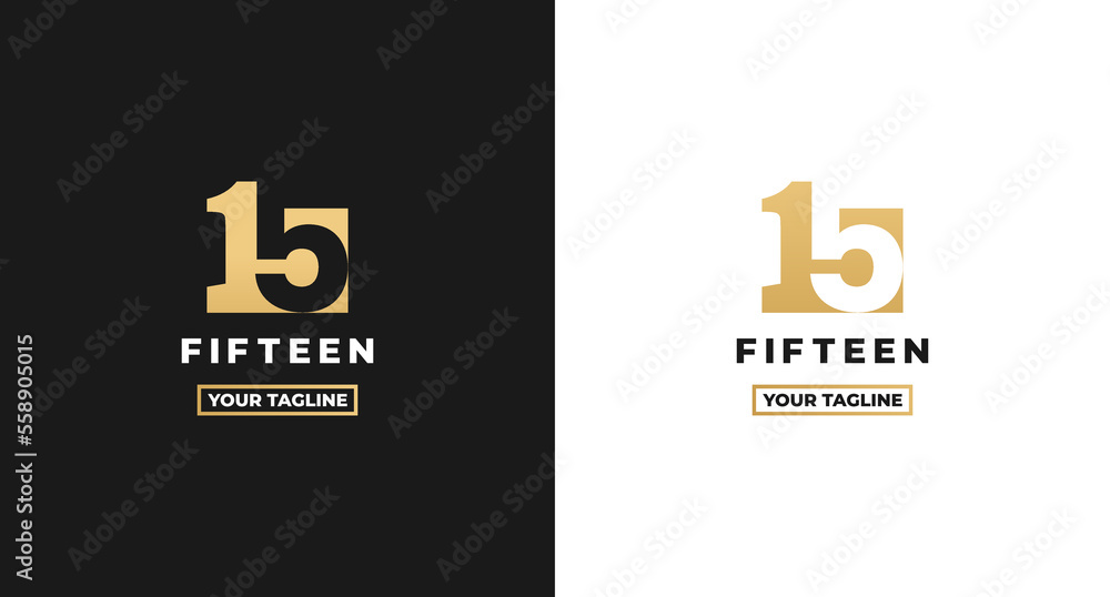 Number 15 logo or Logo Number 15 isolated on white and black background. Logo Number 15 elegant. Suitable for brand logos or products with the brand name fifteen. Number 15 logo simple gold color - obrazy, fototapety, plakaty 