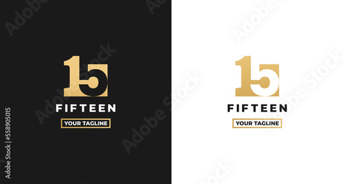 Number 15 logo or Logo Number 15 isolated on white and black background. Logo Number 15 elegant. Suitable for brand logos or products with the brand name fifteen. Number 15 logo simple gold color