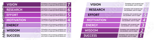 Simple seven steps or levels infographics, 7 purple brown bar with text, rectangular and slanted version