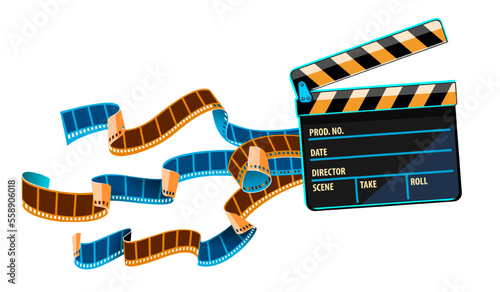 Cinema clapper and flying film-strip tape for in retro style. Film animation creation industry banner isolated on white background. Vector illustration