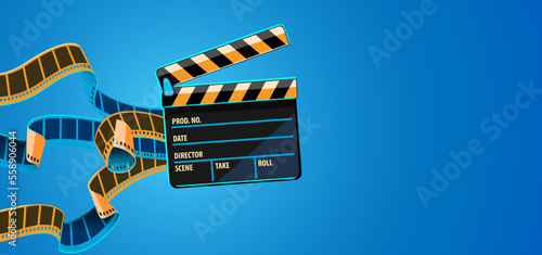 Cinema clapper and flying film-strip tape for in retro style. Film animation creation industry banner on blue background. Vector illustration