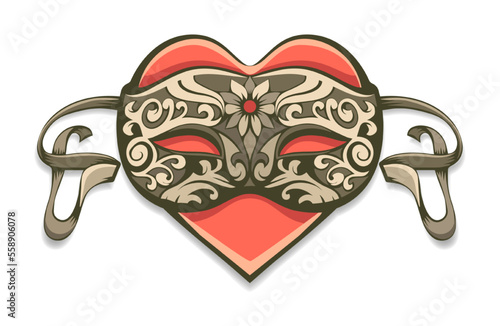 Red heart in vintage decorative venetian mask for carnival. Isolated on white background. Vector illustration