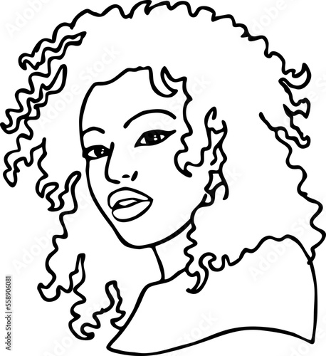 Beautiful young black woman smiling with white teeth. Model girl for beauty salon, hairdressing, cosmetic shop. Girl with long dark hair and big eyes. Hand drawn illustration. Cartoon vector drawing.
