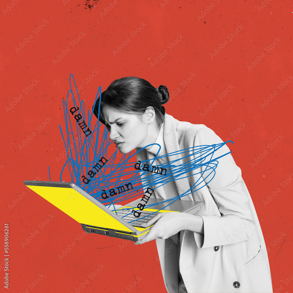 Contemporary art collage. Conceptual creative design. Young woman, employee looking on laptop, working. Difficult tasks - obrazy, fototapety, plakaty 