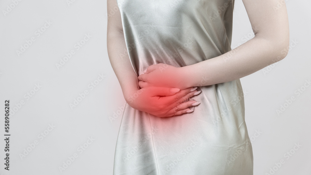 Menstrual pain, woman with stomachache suffering from pms