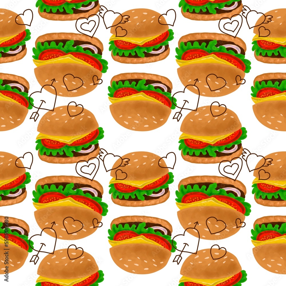 patern bright burger with cutlet and greens and heart of love. burger and fries patern bright burger with cutlet and greens and heart of love. burger and fries