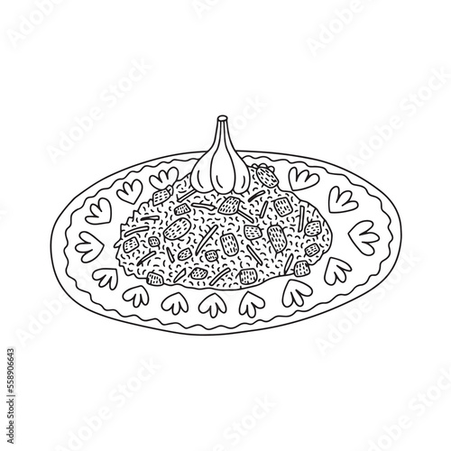 Vector pilaf hand drawn sketch. Uzbek national dish vector clip art