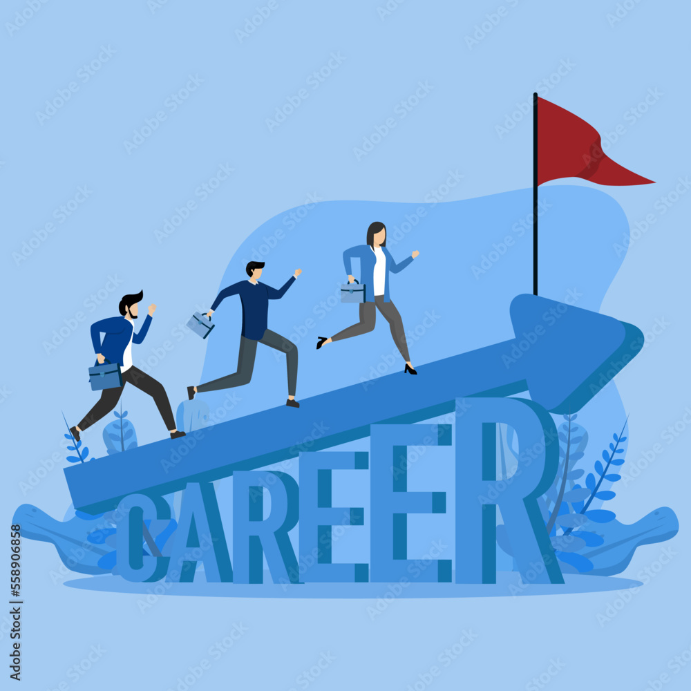 Career growth or career development concept, cheerful businessman and woman walking on growing arrows in word Career, increase or progress towards success in job, salary increase concept.