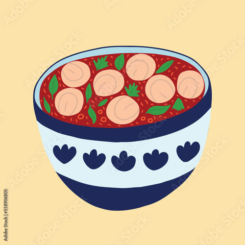 Vector Uzbek chuchvara soup in bowl hand drawn sketch