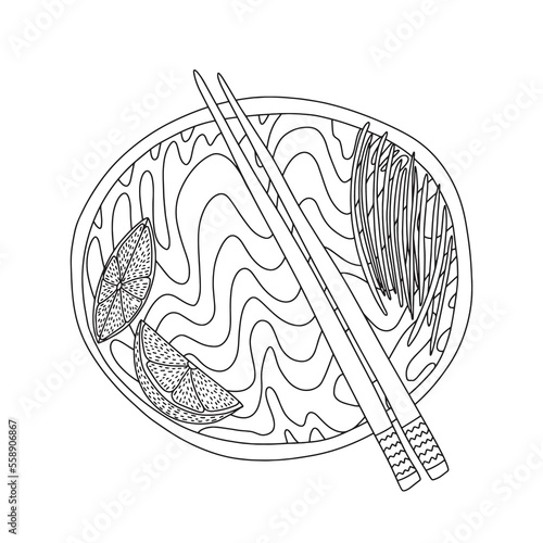 Vector pad Thai noodles sketch. Hand drawn pad thai top table view dish
