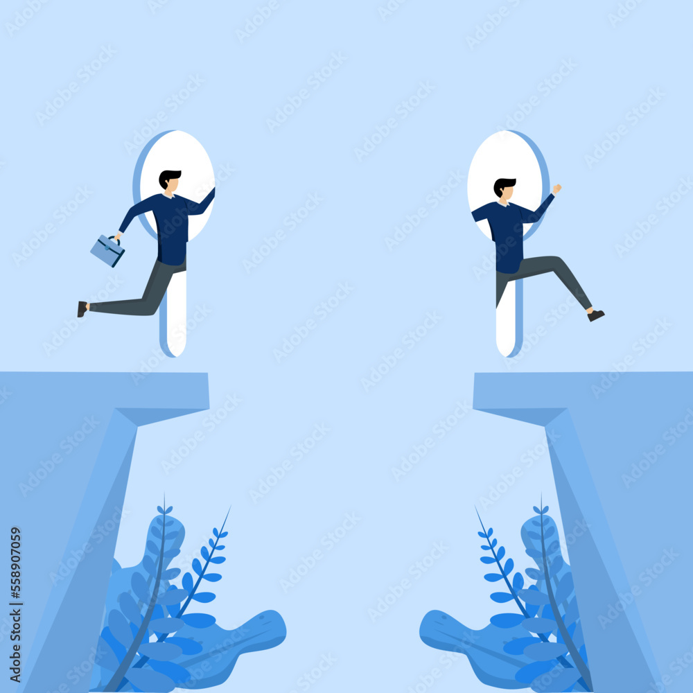 confident businessman accessing keyhole to bypass gap, Shortcut to business success, business solution or opportunity, idea or creativity to solve problem, leadership determination concept.