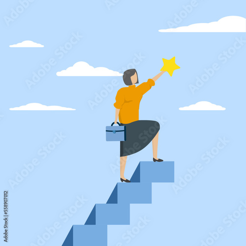 Concept of success in business  confident smart businesswoman climbing ladder to top to achieve valuable star prize  achieving or achieving business goal  reward and motivational concept.