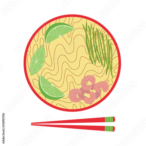Vector pad Thai noodles flat style illustration. Hand drawn pad thai top table view dish