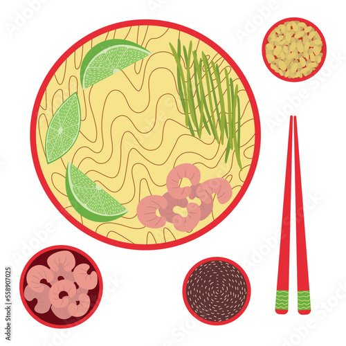 Vector pad Thai noodles flat style illustration. Hand drawn pad thai top table view dish