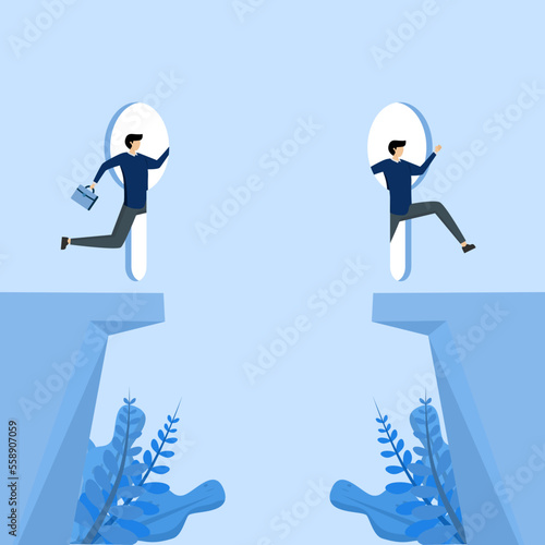 confident businessman accessing keyhole to bypass gap, Shortcut to business success, business solution or opportunity, idea or creativity to solve problem, leadership determination concept.
