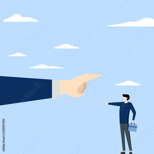 Employee conflict direction concept, small businessman standing in front of giant hand pointing in opposite direction. argument between coworkers, roads agree or opposite, decision problem concept.