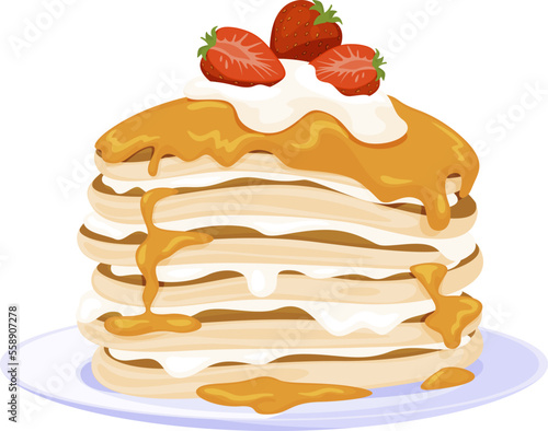 Pancakes stack with whipped cream and strawberry on serving plate isometric vector illustration