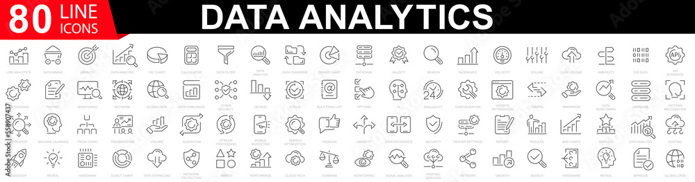 Big icon set data analysis. Graphs, statistics, analytics, analysis, big data, growth, chart, research. Data processing outline pictograms for website and mobile app GUI. Vector illustration