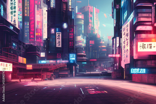 Print op canvas a cyberpunk futuristic japanese city, day light, detailed, multi color vegetatio