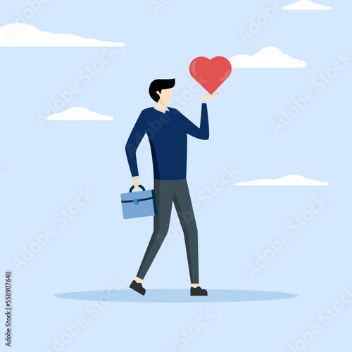 Work passion to motivate and inspire employees to achieve career success, happy businessman holding heart shape passionate walking to work, love your job or happy and enjoy dream job concept.