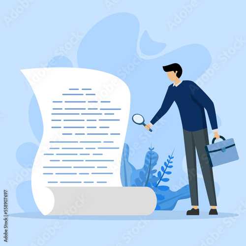 Document check concept, businessman manager holding document paper checking big magnifying glass, contract approval or validation, finance or budget analysis, search document file concept.