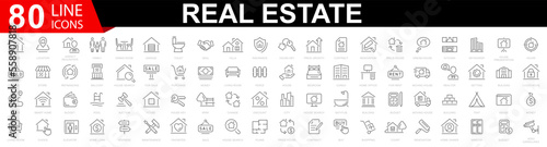 Set of 80 Real Estate web icons. Included the icons as realty, property, mortgage, home loan and more. Rent, building, agent, house, auction, property, mortgage, home, realtor, collection.