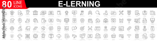E-learning icon set. Online education icon set. Thin line icons set. Distance learning. Containing video tuition, e-learning, online course, audio course, educational website. Vector illustration