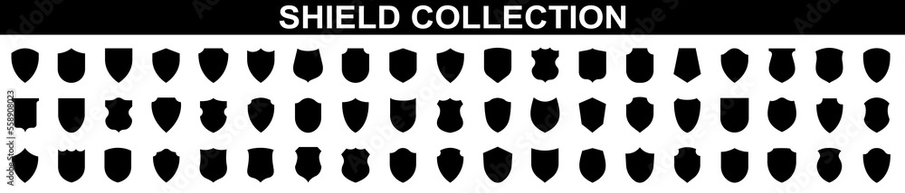 Shield icons set. Protect signs Different shields icon collection. Collection of security shield icons with contours and linear signs. Vector illustration - obrazy, fototapety, plakaty 