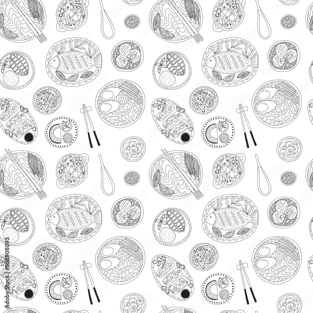 Hand drawn vector Thai food seamless pattern. Different Thai dishes pattern on white background