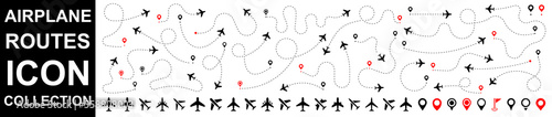 Airplane routes set. Plane route line. Planes dotted flight pathway. Plane paths. Aircraft tracking, planes, travel, map pins, location pins. Romantic travel, heart dashed line trace and plane routes.