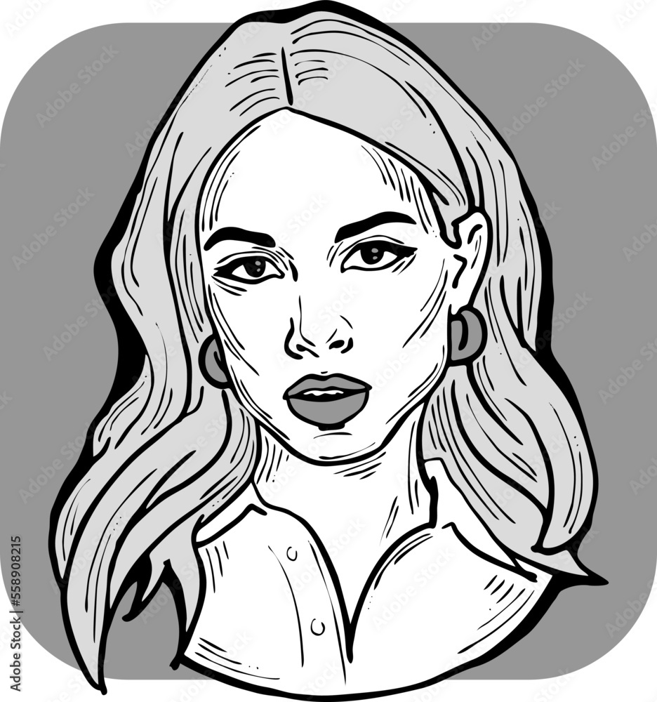 Beautiful young woman looking serious. Model girl for beauty salon, hairdressing, cosmetic shop. Girl with long blond hair and big eyes. Hand drawn illustration. Comic cartoon style vector drawing. Beautiful young woman looking serious. Model girl for beauty salon, hairdressing, cosmetic shop. Girl with long blond hair and big eyes. Hand drawn illustration. Comic cartoon style vector drawing.
