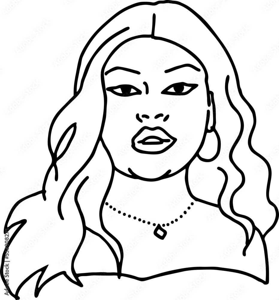 Beautiful young black woman smiling with white teeth. Model girl for beauty salon, hairdressing, cosmetic shop. Girl with long dark hair and big eyes. Hand drawn illustration. Cartoon vector drawing. Beautiful young black woman smiling with white teeth. Model girl for beauty salon, hairdressing, cosmetic shop. Girl with long dark hair and big eyes. Hand drawn illustration. Cartoon vector drawing.