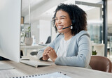 Black woman, call center and computer with CRM and contact us, phone call with customer service or telemarketing. Tech support, tech and office with communication and contact center female employee.