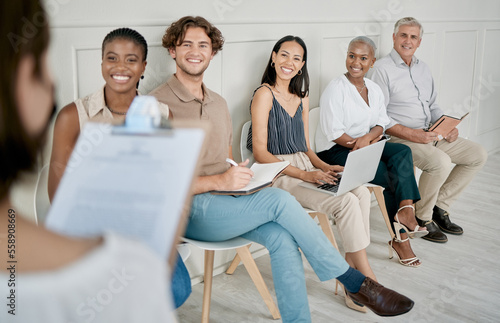 Hiring, human resources or people in a waiting room for a marketing job interview at a office building. Onboarding, men and business women with career goals wait as a group for company hr manager