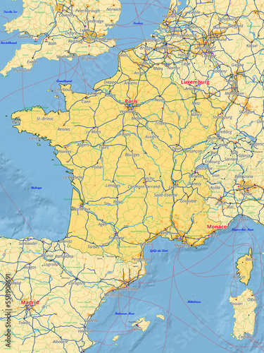 Frankreich Karte mit Städten Straßen Flüssen Seen
