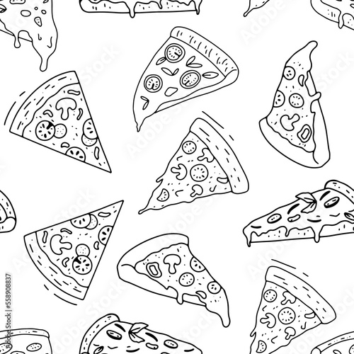 Pizza doodle monochrome seamless pattern. Vector outline sketch on white