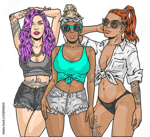 Young cool girls colorful sketch