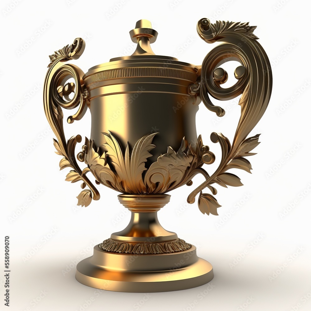 Fototapeta premium Golden trophy with reflections, white background. AI digital illustration