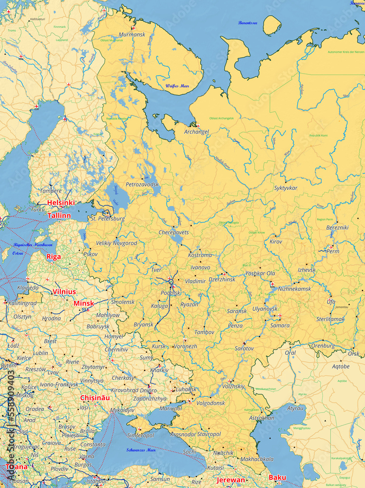 Russland Karte mit Städten Straßen Flüssen Seen