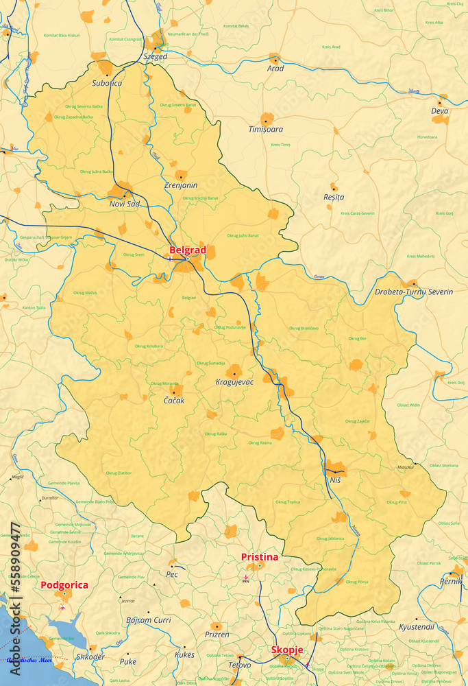 Serbien Karte mit Städten Straßen Flüssen Seen